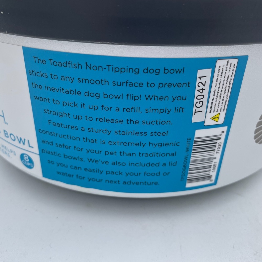 Toadfish Non-Tipping Dog Bowl White Stainless Steel 8 Cups Smartgrip Suction Lid - Picture 6 of 9